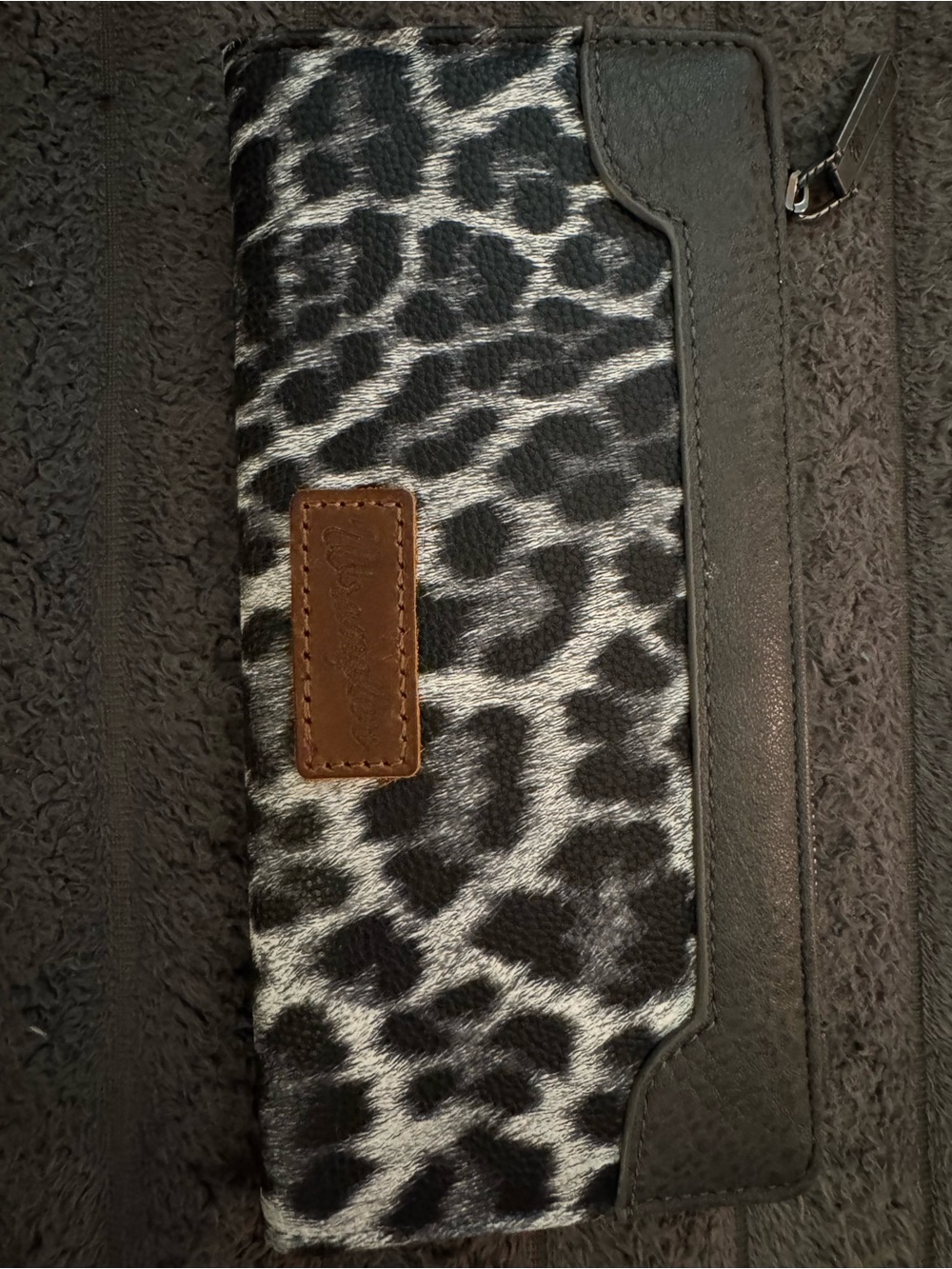 Wrangler Black and White Leopard Print Phone Wallet Case with Brown Patch